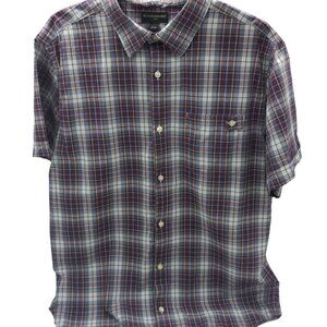 Banana Republic Mens Short Sleeve Button Up Shirt Size L Burgundy Gray Plaid